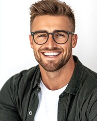 Obraz premium Smiling young man with glasses and trendy hairstyle against white background