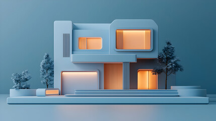 Modern Minimalist Blue House 3D Render