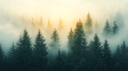 Fototapeta premium A mystical forest scene shrouded in mist, evoking a sense of tranquility and the beauty of untouched nature.