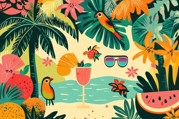 A colorful illustration showcasing a tropical paradise and summer elements