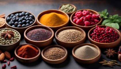 premium superfoods arranged in bowls showcasing vibrant colors and textures healthy selection of spices seeds and berries