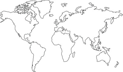 Black Line Art Blank World Map Vector Clipart Illustration for Geographical Design, Educational, and Travel Projects