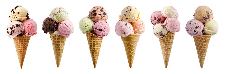 Ice cream cone with different scoops of ice cream isolated on a transparent or white background, cut out, PNG