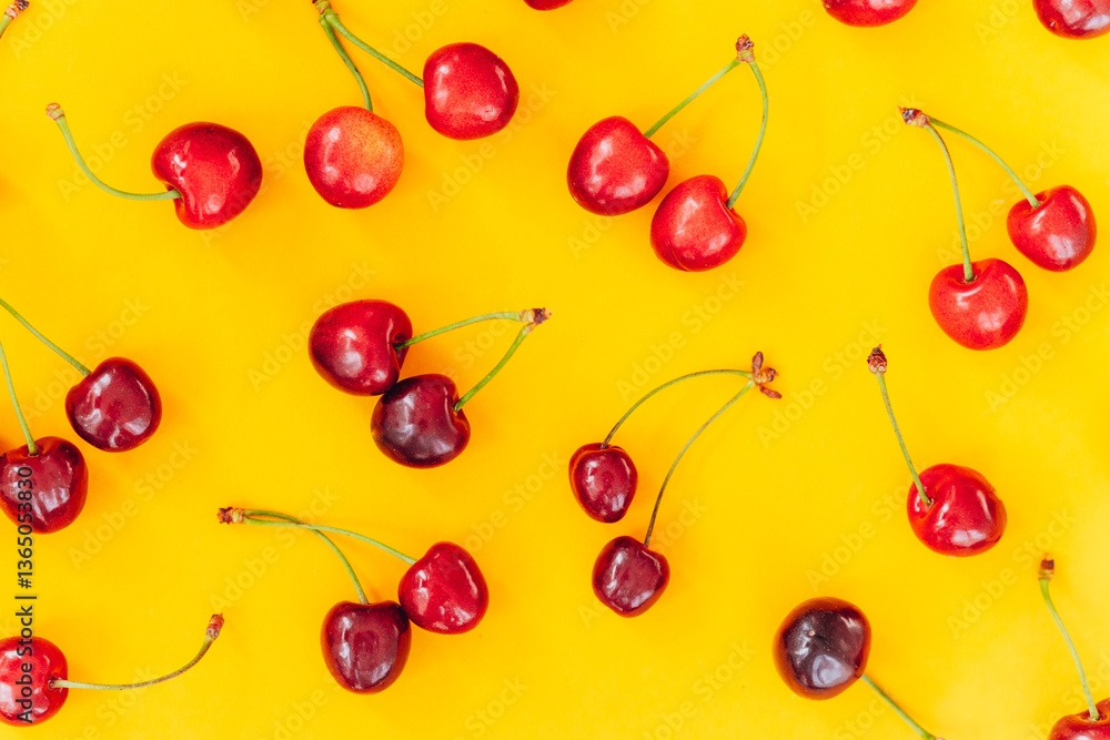 Poster cherry pattern. flat lay of cherries on a yellow background.top view
