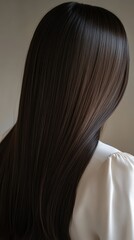 Naklejka premium Beautiful model girl with Brown hair strand,silky healthy chestnut wavy hair strand,hair wavy ribbon, with smooth,Keratin straightening,Treatment,straight long hair,procedures,Smooth hairstyle.