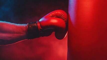 Close-Up of a Red Boxing Glove Striking a Heavy Bag in Dynamic Lighting with Smoke Effects in an Intense and Energetic Atmosphere