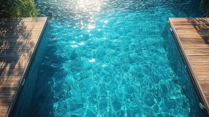 Obraz premium Sunlight reflects off the rippling turquoise water of a pool seen from a wooden deck, a luxurious and relaxing summer holiday atmosphere.