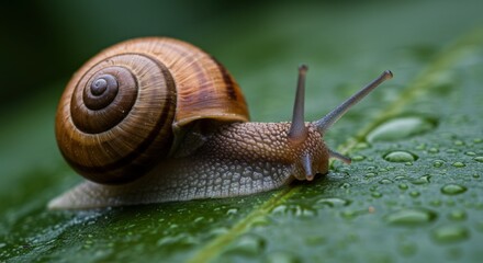 Snail Crawling on Green Leaf with Water Droplets