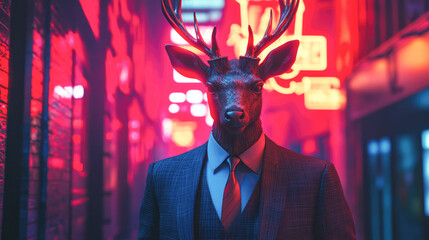 A fictional deer human figure stands confidently in a vibrant neon alley, blending nature and urban life seamlessly.