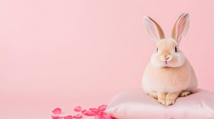 Fototapeta premium Adorable Cream Bunny Sitting on Pink Cushion with Rose Petals and Pastel Background