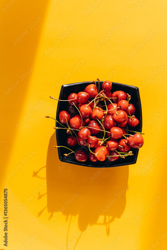 Poster cherry pattern. flat lay of cherries on a yellow background.top view