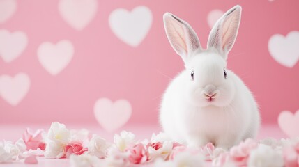 Adorable Cream Bunny Sitting on Pink Cushion with Rose Petals and Pastel Background