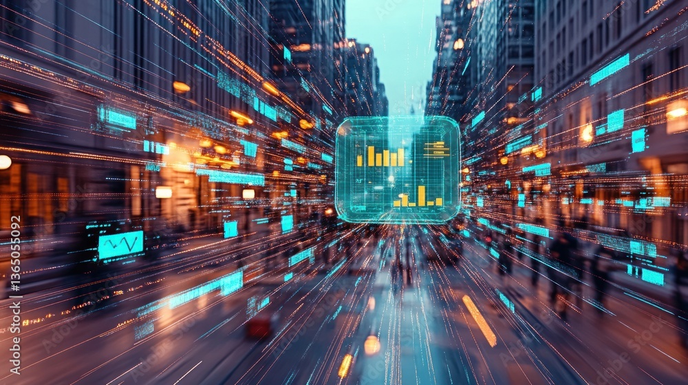 Aufkleber Dynamic Cityscape with Data Visualization and Motion Blur Effect at Night in Urban Environment