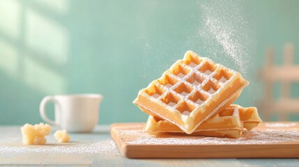 Freshly Made Waffles Dusted with Powdered Sugar Served on a Wooden Board Next to a Cup on a Light Background