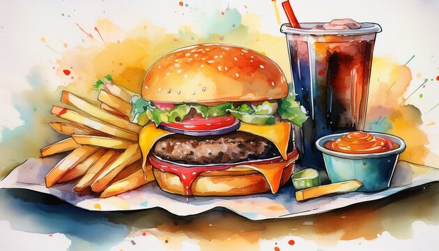 delicious watercolor illustration of burger fries and drink evoking sense of comfort and indulgence