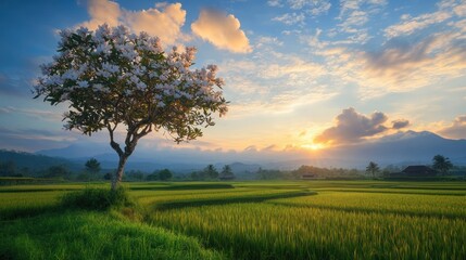 Obraz premium Sunset over rice paddy, flowering tree, mountains