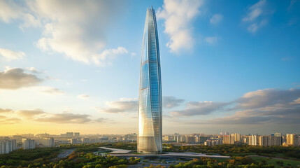 An imposing towering structure against a picturesque sky, exemplifying modern architectural design and ambition.