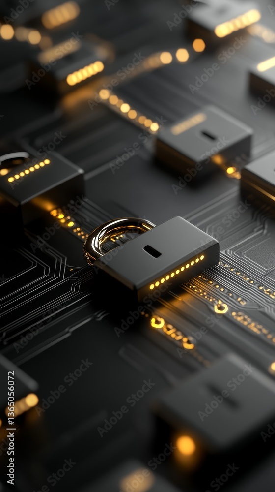 Poster digital locks and connections illuminated in a modern circuit board design representing cybersecurit
