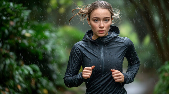 A fit woman is jogging through a city park on a rainy spring day