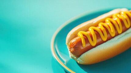 Classic Hot Dog with Yellow Mustard on a Bright Plate Suitable for Summer Barbecue, Picnic, or Sports Event, Capturing Fun Food Vibes