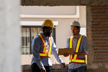 Construction engineers supervising progress of construction project. engineering or worker in safety vest observing a building. worker, Architecture, engineer, architect wearing safety helmet meeting.