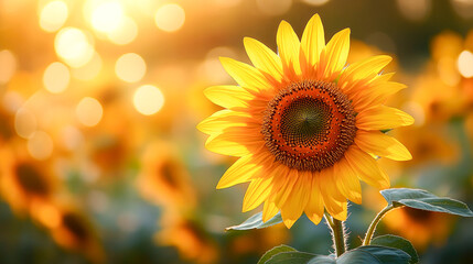 Obraz premium A vibrant sunflower in full bloom capturing the essence of summer, illuminated by soft, warm sunlight.