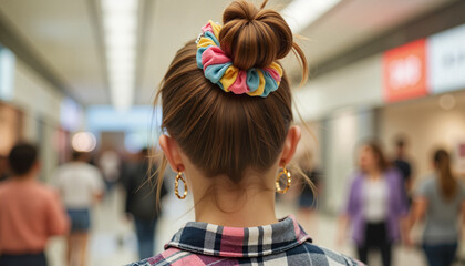 Girl with colorful scrunchie in mall, 90s hairstyle nostalgia