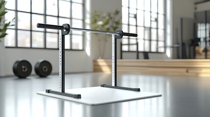 A gym with a black and white barbell and a pair of dumbbells