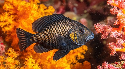 Black fish swimming near coral reef