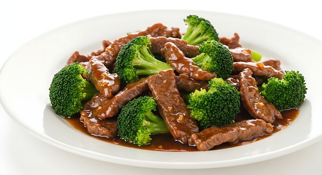 A plate of stir-fried beef with broccoli in oyster sauce on a white background