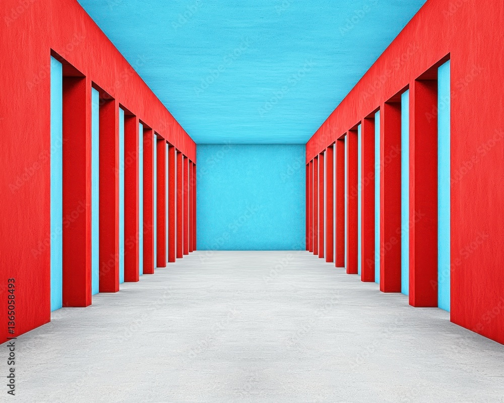 Poster vibrant interior space with red and blue walls and open doorways for modern design concepts