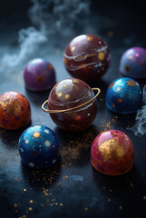 Colorful chocolate spheres designed like planets are arranged artfully on a dark surface. Smoke and sparkling dust enhance the appearance, evoking a celestial theme for desserts