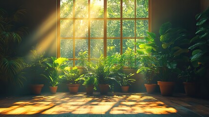 Sunlight streams through a large window, illuminating potted plants in a modern minimalist interior, creating a tranquil and eco-conscious atmosphere.