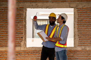 Construction engineers supervising progress of construction project. engineering or worker in...