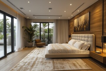 Elegant Modern Bedroom Featuring Minimalistic Design With Soft Lighting and Natural Elements for a Serene Atmosphere