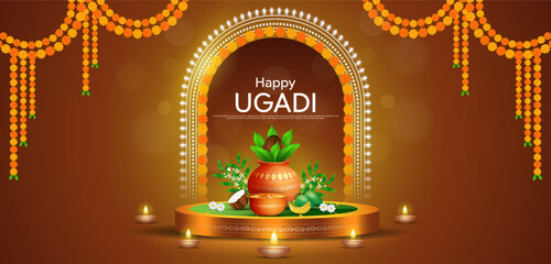 Happy Ugadi, New Year's Day according to the Hindu calendar - banner template design including Kalash, banana leaf, green mango, flowers and diya.