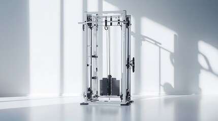 A white and black gym machine with a black handle