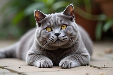 Obraz premium Charming British Shorthair Cat Lounging in a Relaxed Pose on the floor.