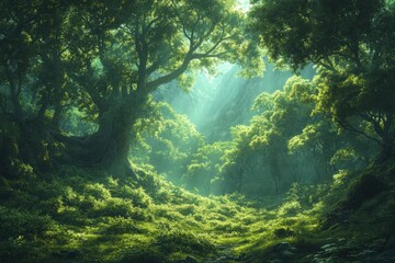 Magic Unfolds in an Enchanted Forest Filled With Towering Trees and Mystical Creatures Under the Canopy of Vibrant Green Foliage