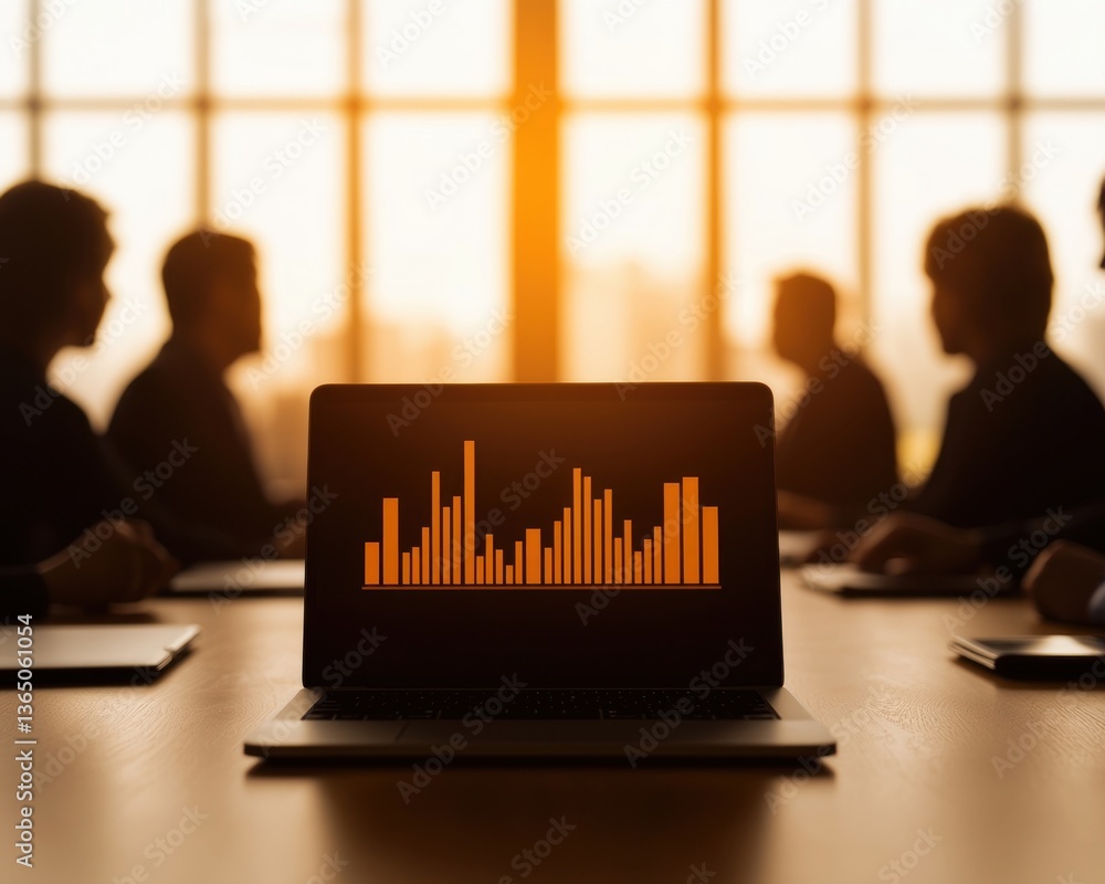 Poster business meeting with data analysis on laptop screen and silhouettes of professionals in background