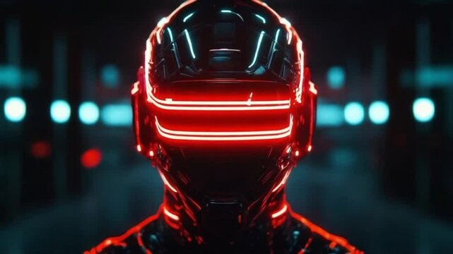 Futuristic robot, glowing neon lights, sleek design, artistic representation of technology and innovation