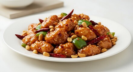 A plate of kung pao chicken with peanuts and chili peppers on a white surface