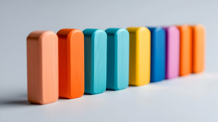 Obraz premium Colorful Wooden Blocks Arranged in a Row on White Background