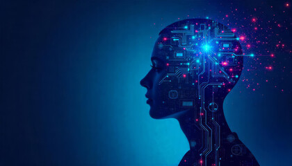 Obraz premium Futuristic Generative AI Concept Art of Human and Artificial Intelligence Integration, Digital Brain with Circuitry, Data Flow and Neural Networks 