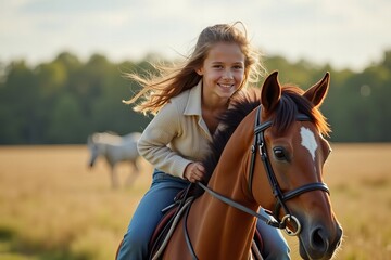 Fototapeta premium Mother and daughter horseback riding in an equestrian field.