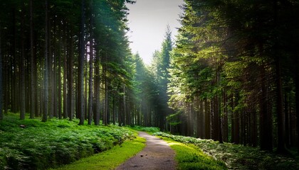 a serene forest scene features tall evergreen trees lining a winding path illuminated by a soft green glow