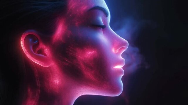 Close-up of a woman's face illuminated with vibrant colors, capturing feelings and emotions through tears