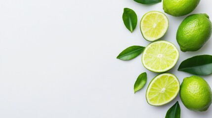 Fresh Green Limes and Slices on White Background with Leaves Spreading Out in an Eye-Catching Arrangement Ideal for Kitchen and Food Themes