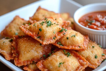 Crispy fried ravioli served with a side of rich marinara sauce for dipping.