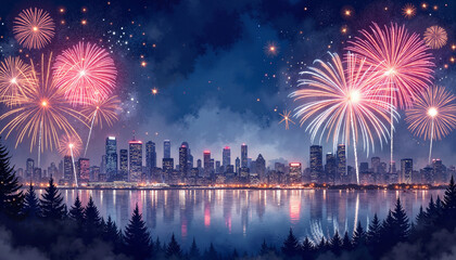 Fototapeta premium Festive fireworks illuminate city skyline by lake, nighttime celebration